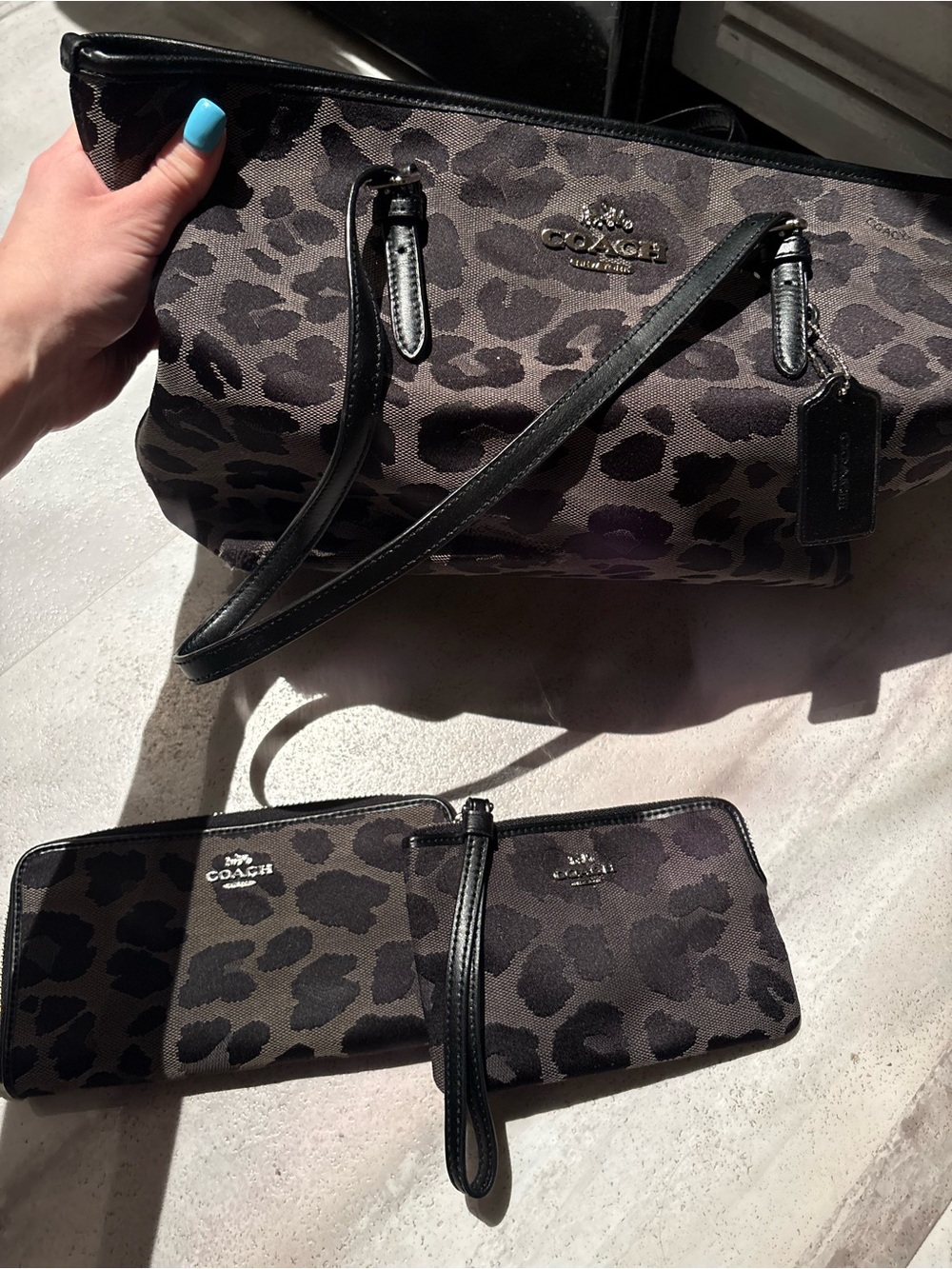 Coach Leopard Jacquard Shoulder Tote and Wristlet in Black/Gray